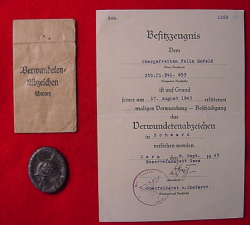 Nazi Black Wound Badge with Award Document to Pioneer Soldier...$115 SOLD