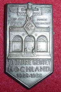 Nazi Hitler Youth “10 Jahre Gebeit Hochland 1928-1938” Tinnie Badge...$65 SOLD