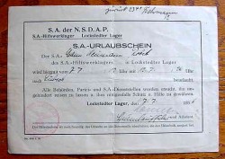 Nazi 1936 SA "Storm Trooper" Vacation Pass Document...$25 SOLD