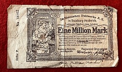 Original One Million Mark “RHEINISCHE STAHLWERKE” 1923 Large-size Banknote…$10 SOLD