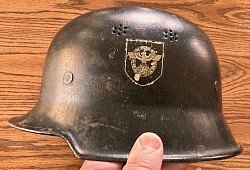 Original Nazi M34 Fire Police Double Decal Helmet with Partial Liner and Complete Chinstrap