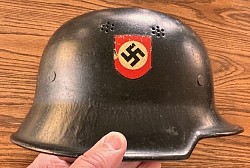 Original Nazi M34 Fire Police Double Decal Helmet with Partial Liner and Complete Chinstrap