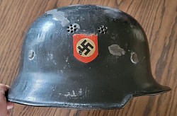 Original Nazi M34 Fire Police Double Decal Steel Helmet with Liner and Partial Chinstrap