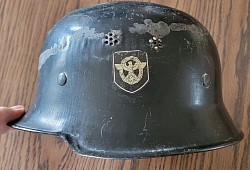 Original Nazi M34 Fire Police Double Decal Steel Helmet with Liner and Partial Chinstrap