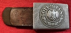 Original Nazi Army EM Belt Buckle by Rare Maker C. Balmberger of Nürnberg with Leather Tab Dated 1937